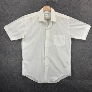 Vintage 1960s Button Up Camp Collar Shirt Men's White Polycotton Perm Press Mod